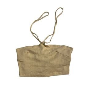 Lisa Says Gah Ribbed Beige Halter Crop Top Y2K Lace Back Cotton Knit Size XS
